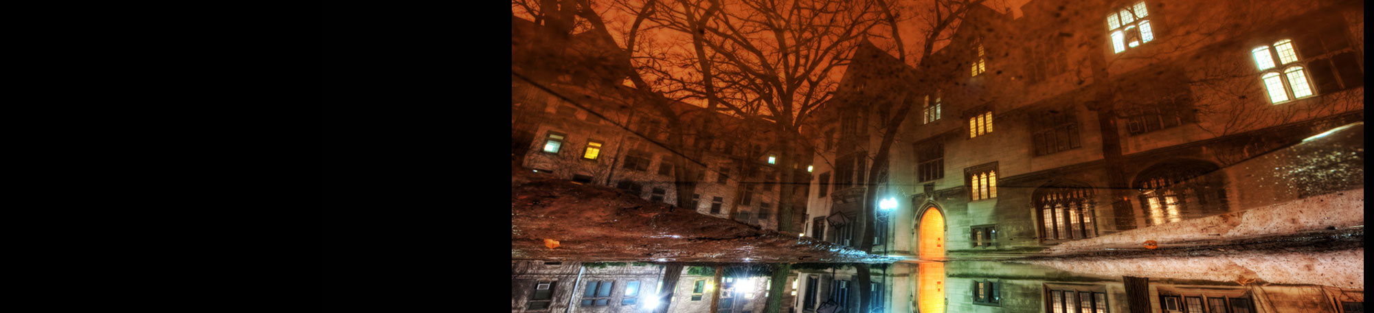 Photograph of a reflection in the main quads of the University of Chicago