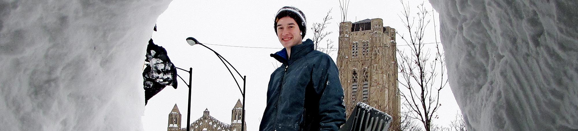 student in snow