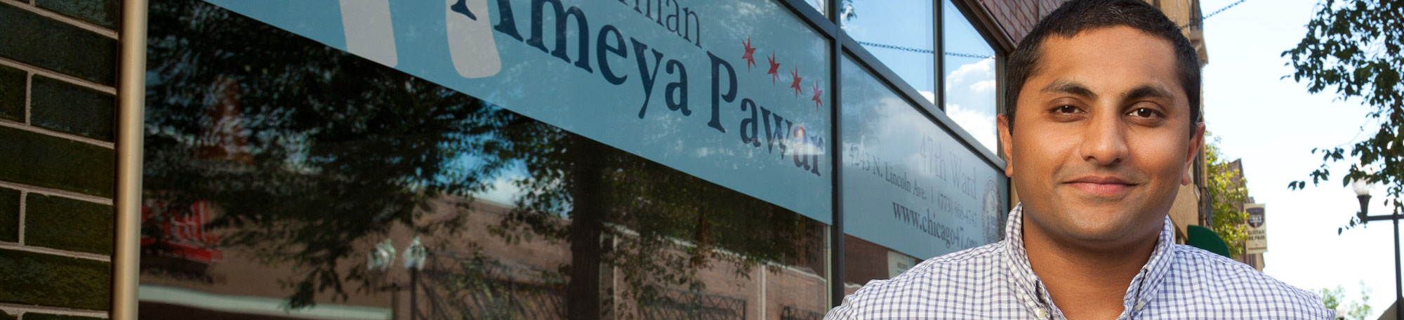 Ameya Pawar, 47th Ward Alderman, photographed with UChicago alumni Jim Poole and Charna Epstein August 29, 2011.