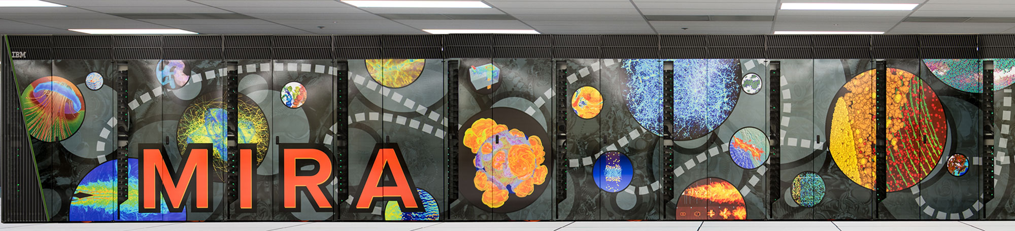 A colorful mesh mural covers the Mira supercomputer at Argonne National Lab
