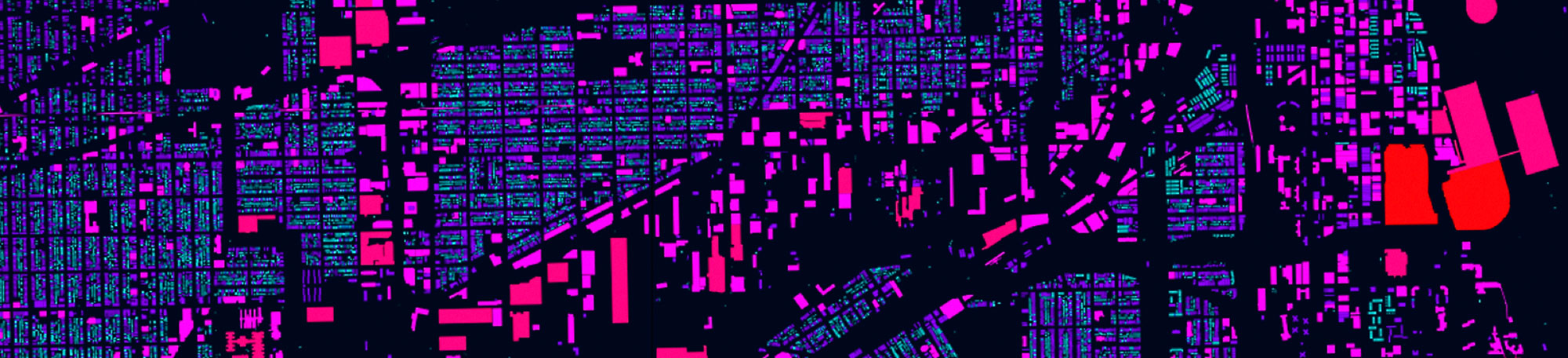 A portion of a data visualization of every building in Chicago, color coded by the size of each building's footprint area.