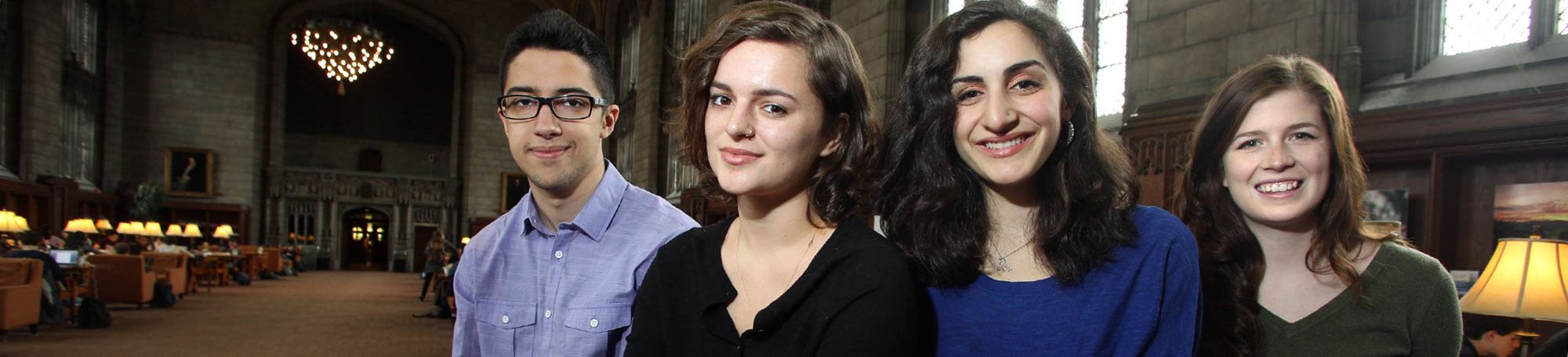 From left UChicago's Harry S. Truman Scholarship winners: Yusef Al-Jarani; Ava Benezra; Andrea Haidar; and Erin Simpson in Cathey Learning Center of the Harper Memorial Library.