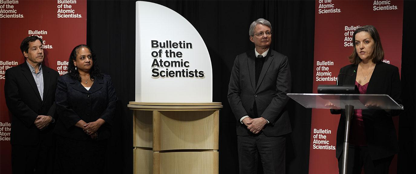 Alexandra Bell, chairman and CEO of the Bulletin of the Atomic Scientist, speaks at a Jan. 27 news conference announcing the time of the Doomsday Clock. She is joined by Bulletin members (from left) Jon B. Wolfsthal, Asha M. George and Steve Fetter.