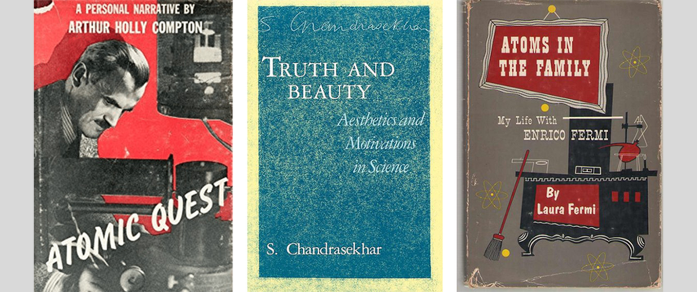 book covers for Atomic Quest, Truth and Beauty, and Atoms in the Family