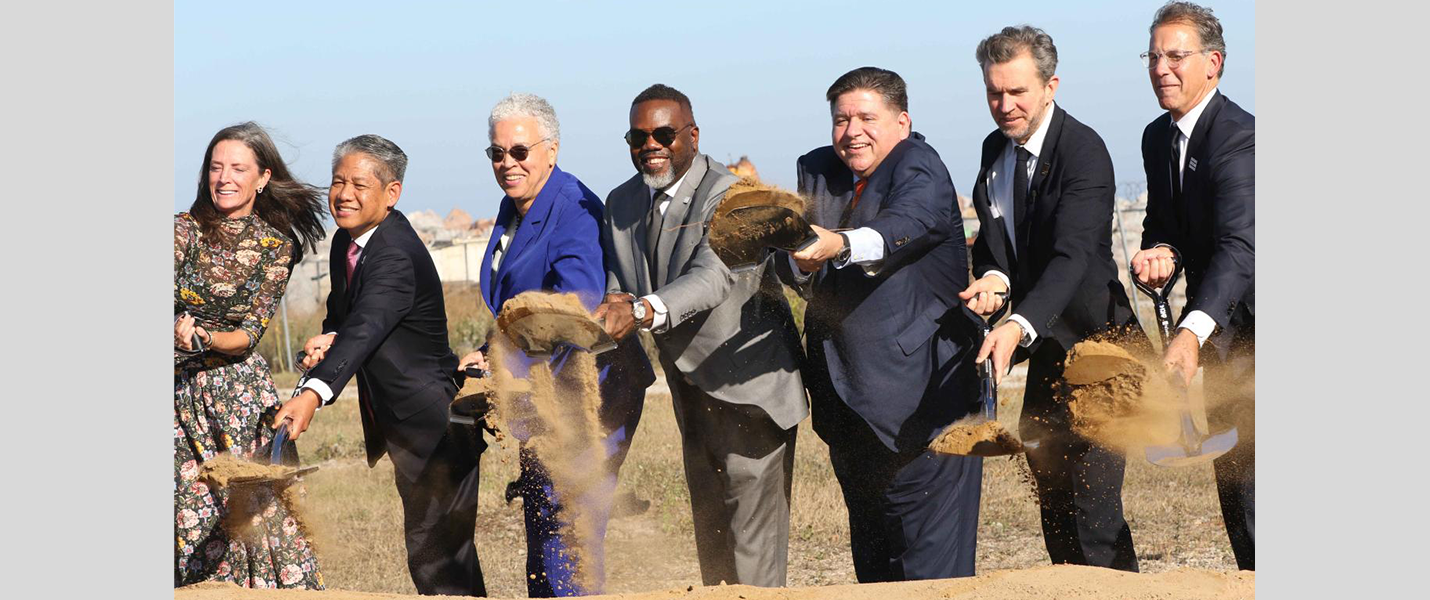 President of Cook County Board of Commissioners Toni Preckwinkle, Chicago Mayor Brandon Johnson, and Illinois Governor JB Pritzker join in a ceremonial groundbreaking