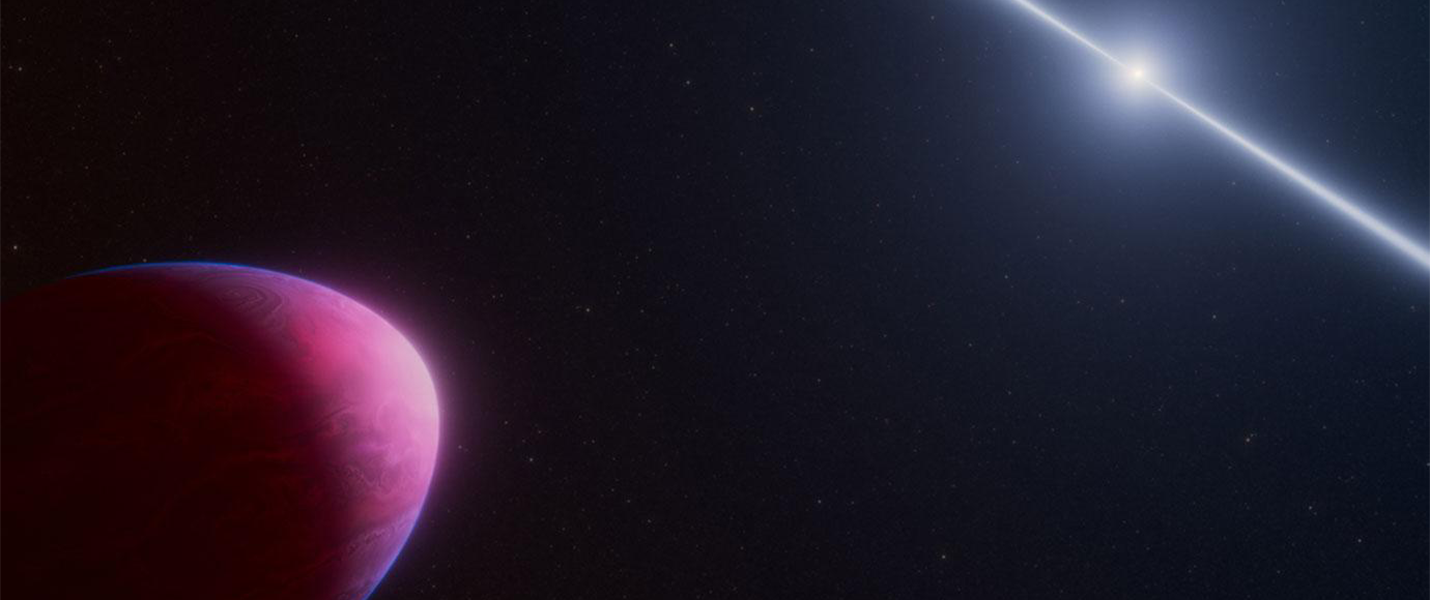 Artist concept of strange planet (left) orbiting a rapidly spinning neutron star called a pulsar (right)