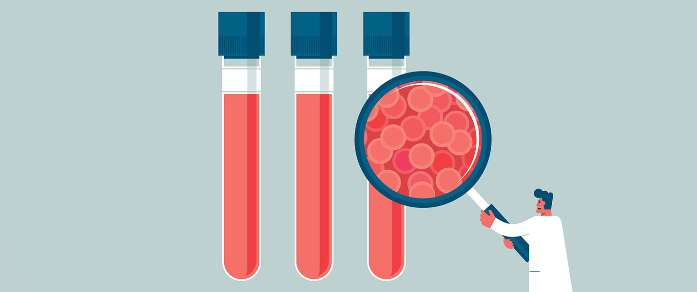 illustration of scientist holding magnifying glass in front of test tubes, showing blood cells