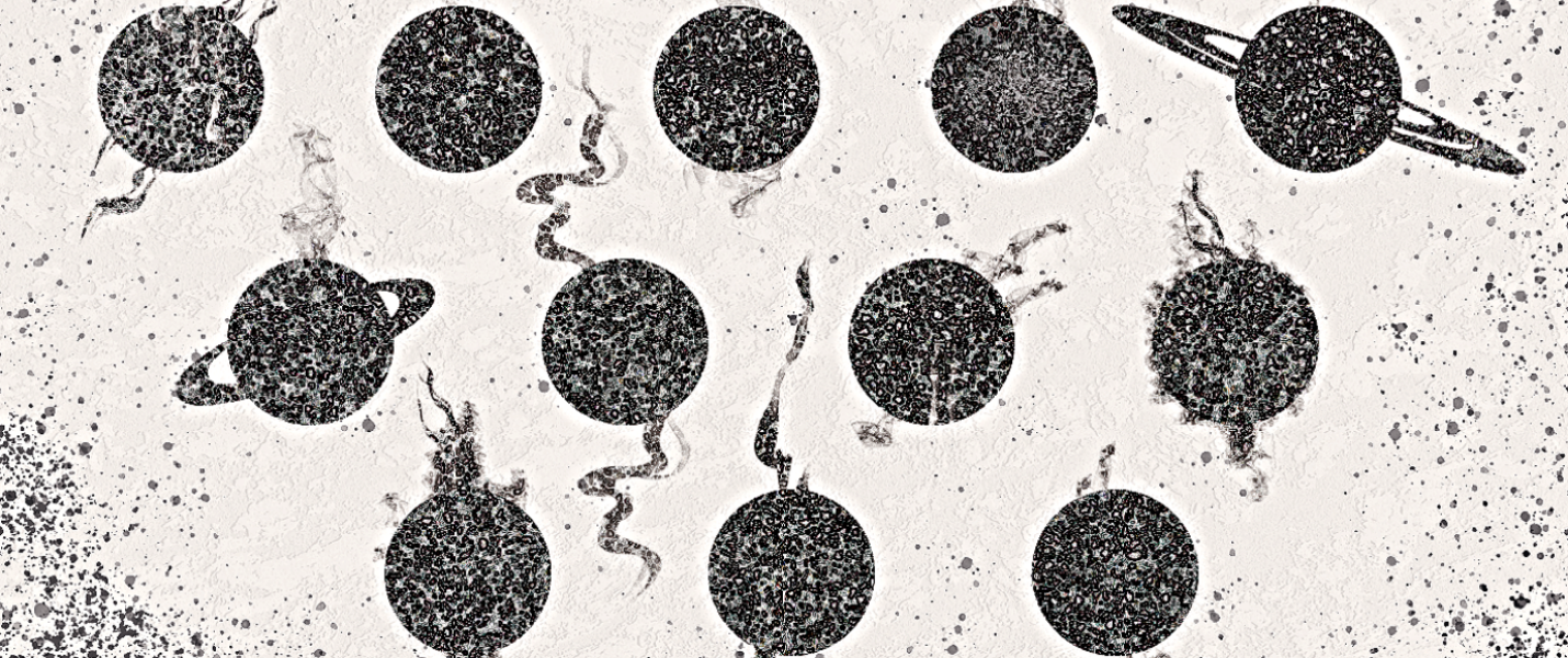 Illustration of rows of planets emitting smog and surrounded by particles