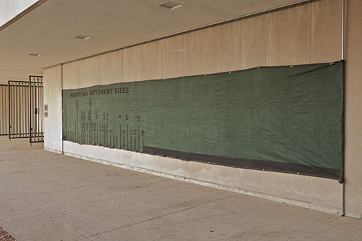 Valerie Snobeck, American Standard Movement, 2012, Spray paint on debris netting. Courtesy of the artist, Essex Street, New York, and Galerie Catherine Bastide, Brussels. Commissioned by the Smart Museum of Art.