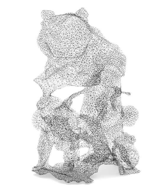 A wireframe model of a statuette