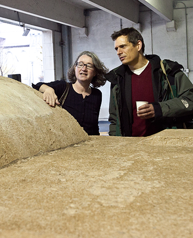 Christine Mehring pointing out patches on Concrete Traffic