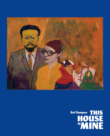 A painted family portrait of a Black man in a suit, a white woman wearing glasses, and the abstracted figures of two children