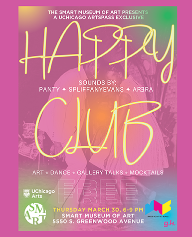 Happy Club is written in yellow across a pink digital flyer