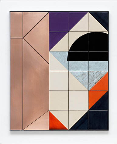Irregularly shaped bronze tiles and colorful hand-painted square tiles form a geometric abstraction