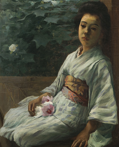 Painting of a seated woman in a kimono holding a flower