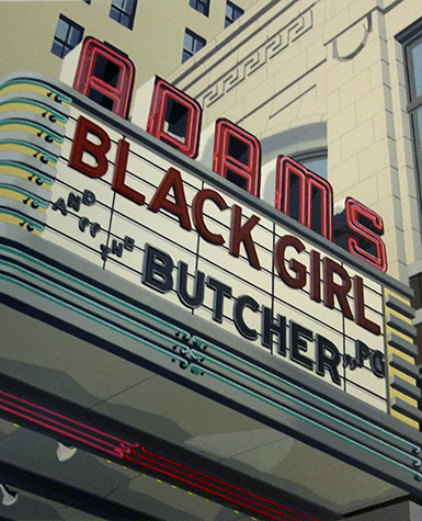 An illustration of a marquee that reads Black Girl and the Butcher, PG