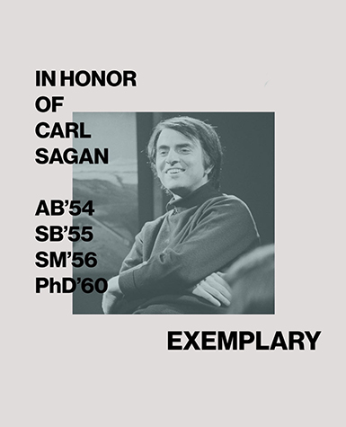 Photo of Carl Sagan with text that reads Exemplary and lists his degrees from the University of Chicago: AB54, SB55, SM56, and PhD60