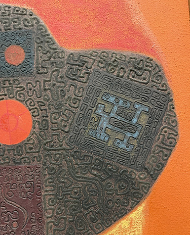 A detail of an orange and black abstract painting with a textured surface