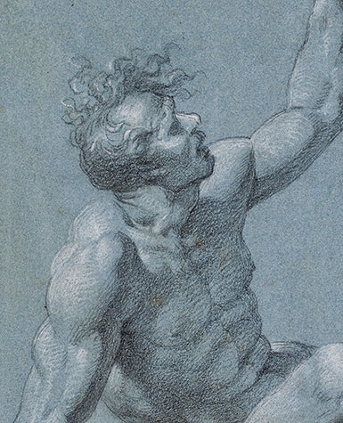 Unidentified artist, Reclining Male Nude (detail), c. 1700-1710, Black chalk heightened with white chalk on blue wove paper. Smart Museum of Art, The University of Chicago, Purchase, Gift of the Friends of the Smart Gallery, 1988 and Mrs. George B. Young,