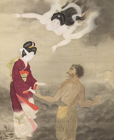 A scroll painting of a blindfolded woman watched over by a flying deity