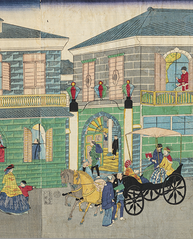 Color woodblock print of a pedestrian scene in Japan