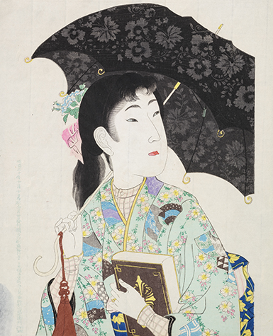 Woodblock print of a young girl holding a book and a black parasol