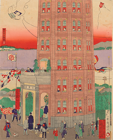 Woodblock print of kites and flags flying outside of tower