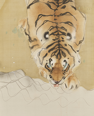 Ink painting of a tiger drinking water