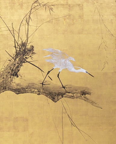 Ink painting of a white heron on gold leaf
