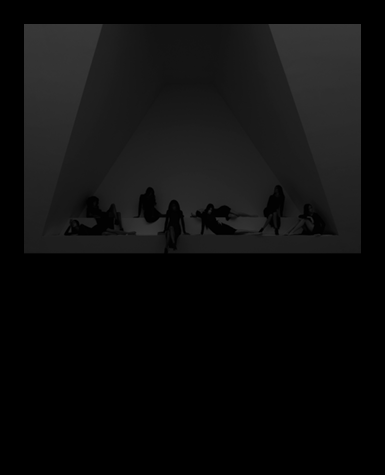 A darkly lit photograph of 8 sitting and lounging women