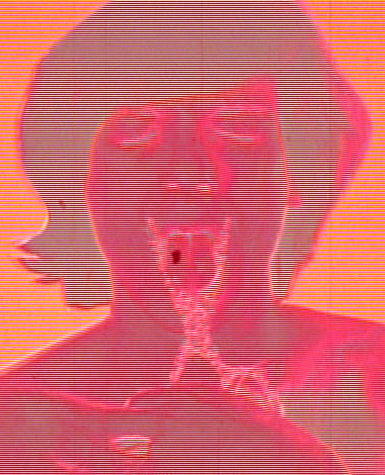 Red colored video still of an image of a man about to cut off his tongue