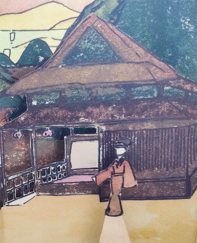 A cut-out paper figure stands in front of a Japanese style building