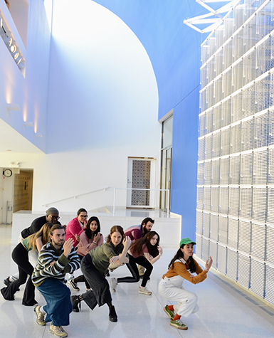 Nine students pose in a half-crouch in front of a sculpture made of venetian blinds