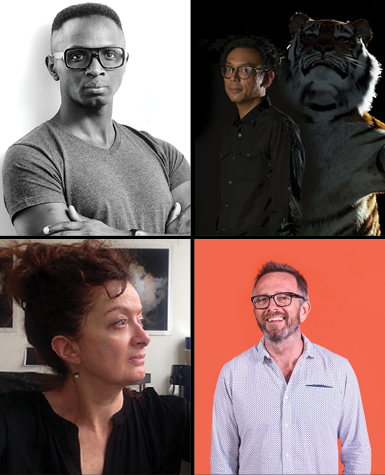 Collage of portraits of Serge Alain Nitegeka, Ho Tzu Nyen, Simone Douglas, and Sean Lowry