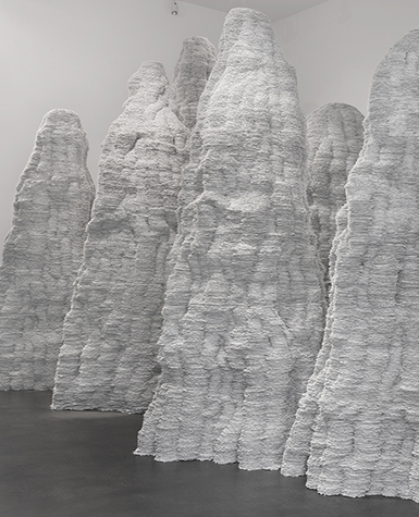 Tara Donovan, Untitled, 2014, Styrene index cards, metal, wood, paint, and glue. 12 feet 5-1/2 inches x 22 feet 4 inches x 22 feet 11-1/2 inches. Courtesy the artist and Pace Gallery, Photograph by Christopher Burke Studios. 