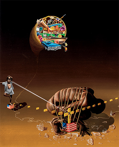 In a surreal painting by Nathan Wright, a naked Black man is bound in a crouched position. A boy balances on one leg to the left and a cornucopia filled with jewels, a yacht, and a car floats in a dark sky. 