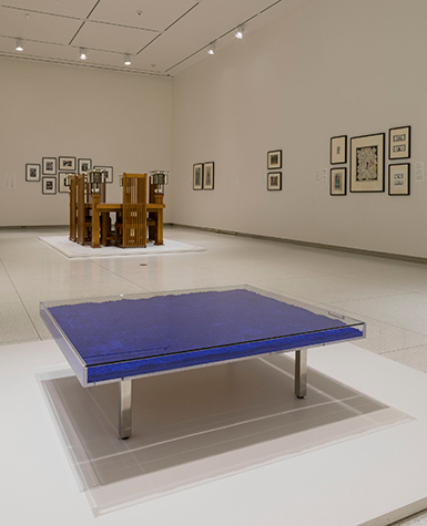 Installation view featuring Yves Klein, Table bleue, designed 1961
