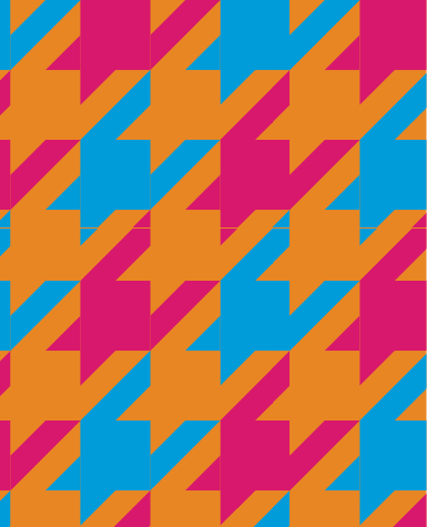 A houndstooth pattern in orange, blue, and magenta